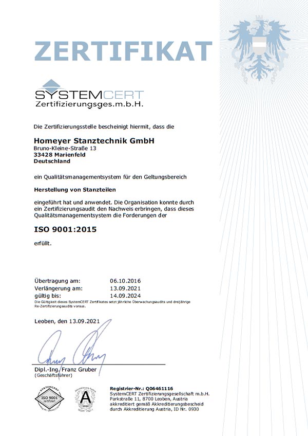 Homeyer Stanztechnik GmbH - Zertifikat